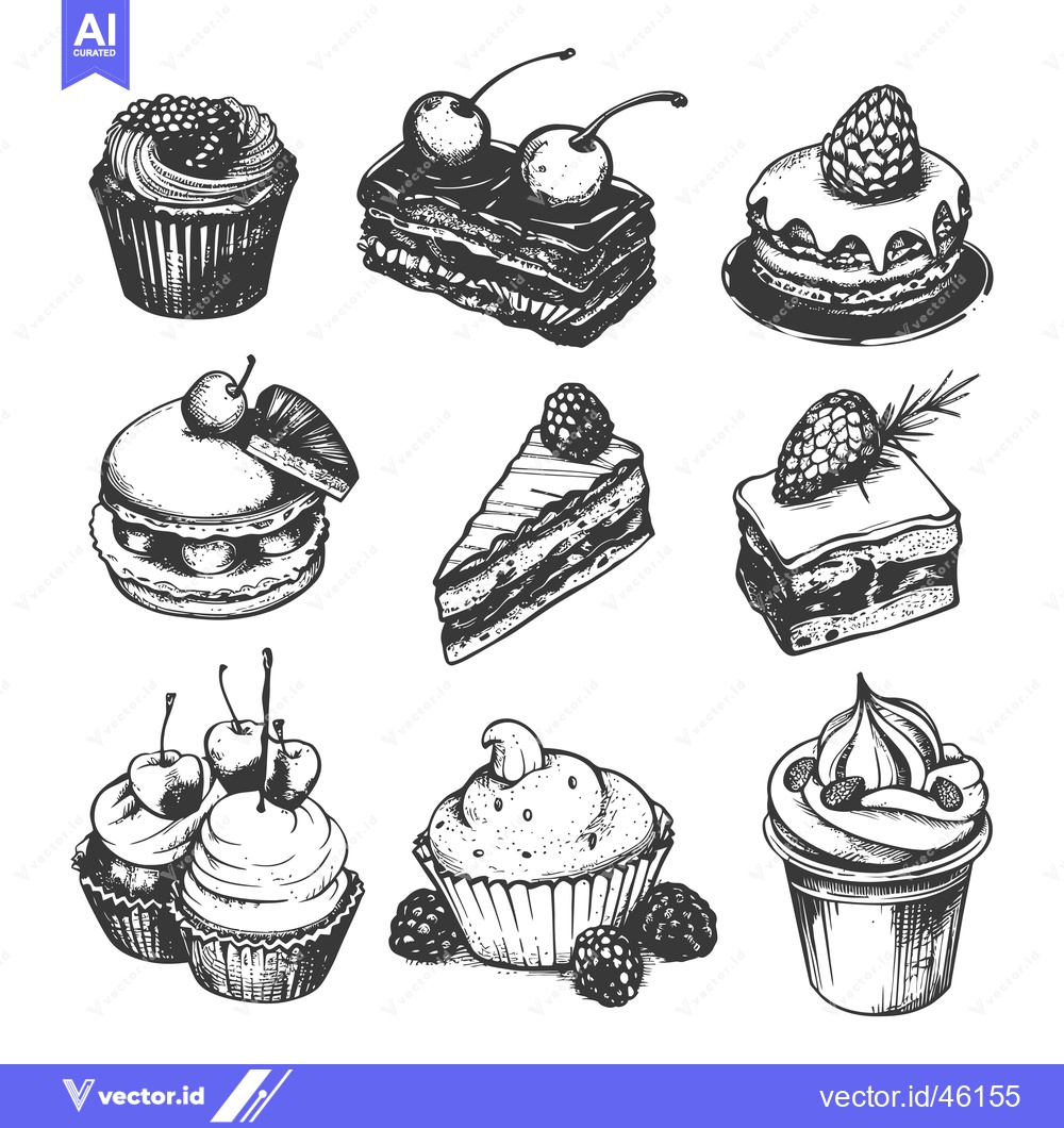 Premium Vector of Hand-Drawn Illustrations of Various Sweet Treats, Including Cakes, Cup