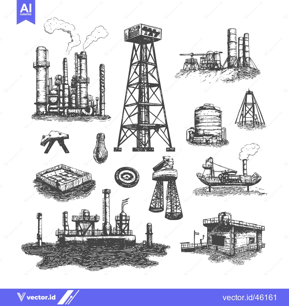 Premium Vector dari Hand-drawn Industrial Structures and Offshore Oil Rigs Illustration
