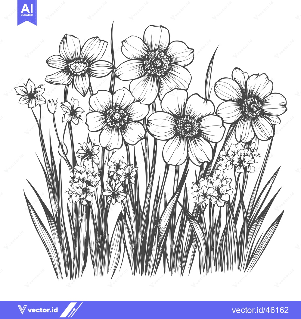 Premium Vector of Hand-Drawn Ink Illustration of a Bouquet of Blooming Flowers with Stem