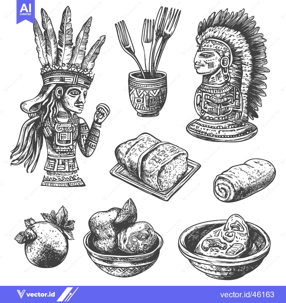 Premium Vector dari Hand-Drawn Ink Illustrations of Ancient Mayan Culture Artifacts and Fo
