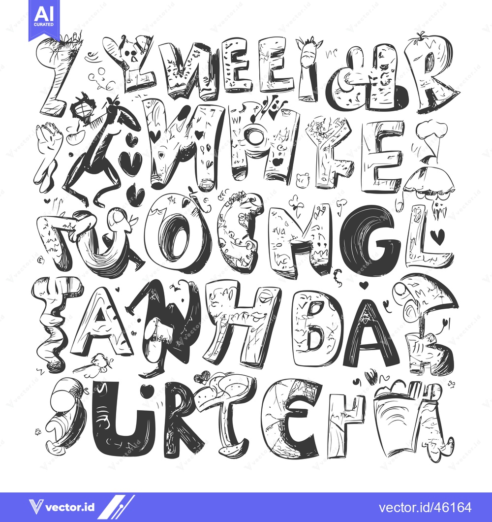 Premium Vector dari Hand-drawn jungle alphabet with stylized letters and cartoon character