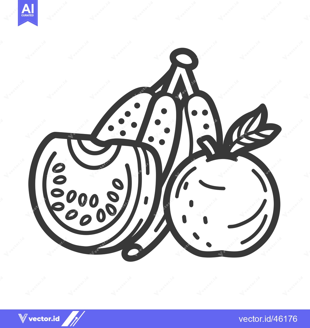Premium Vector of Hand-Drawn Line Art Illustration of a Banana, Apple, and Kiwi Slice