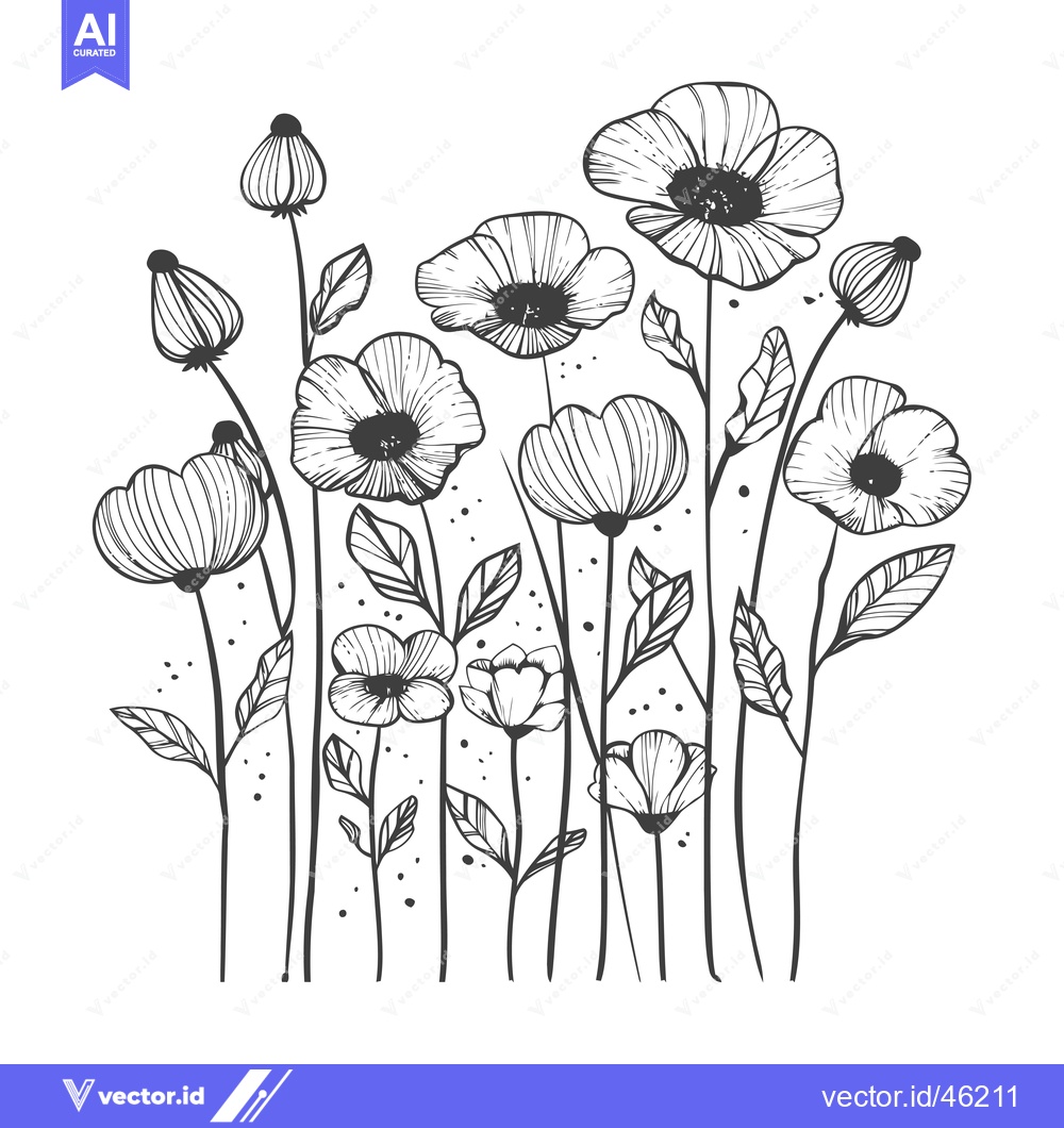 Premium Vector dari Hand-drawn line art illustration of delicate wildflowers with stems an