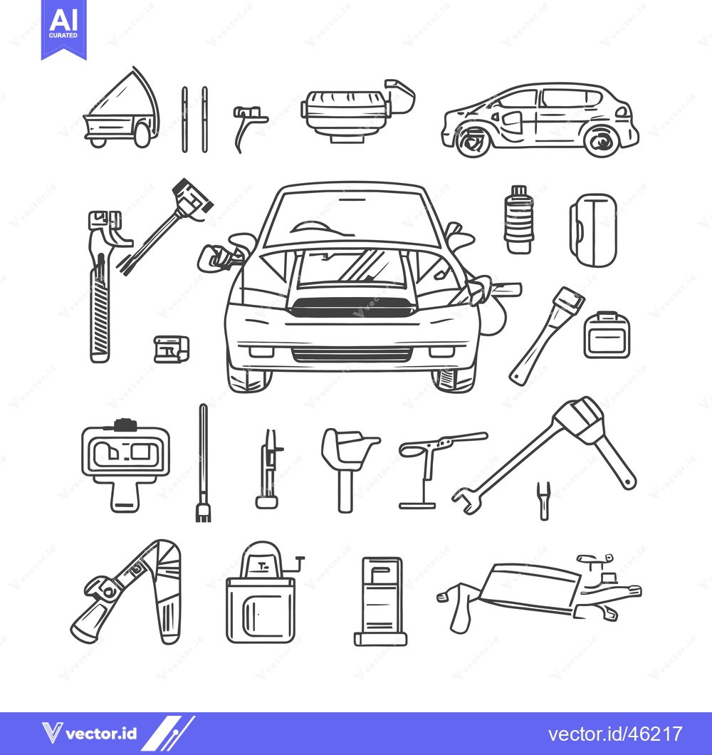 Premium Vector of Hand-drawn Line Art Illustration of Various Car Parts and Tools