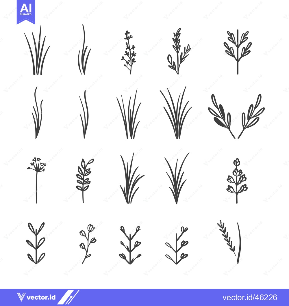 Premium Vector of Hand-drawn Line Art Illustrations of Various Grass and Plant Shapes