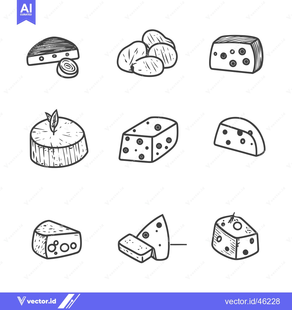 Premium Vector dari Hand-drawn line art illustrations of various types of cheese