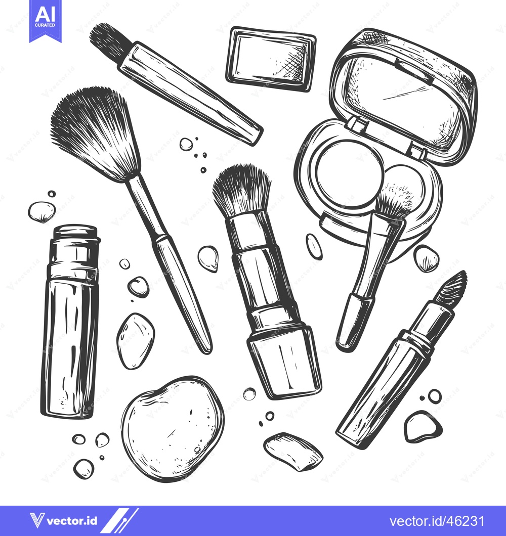 Premium Vector of Hand-drawn Makeup Products with Brushes and Lipstick