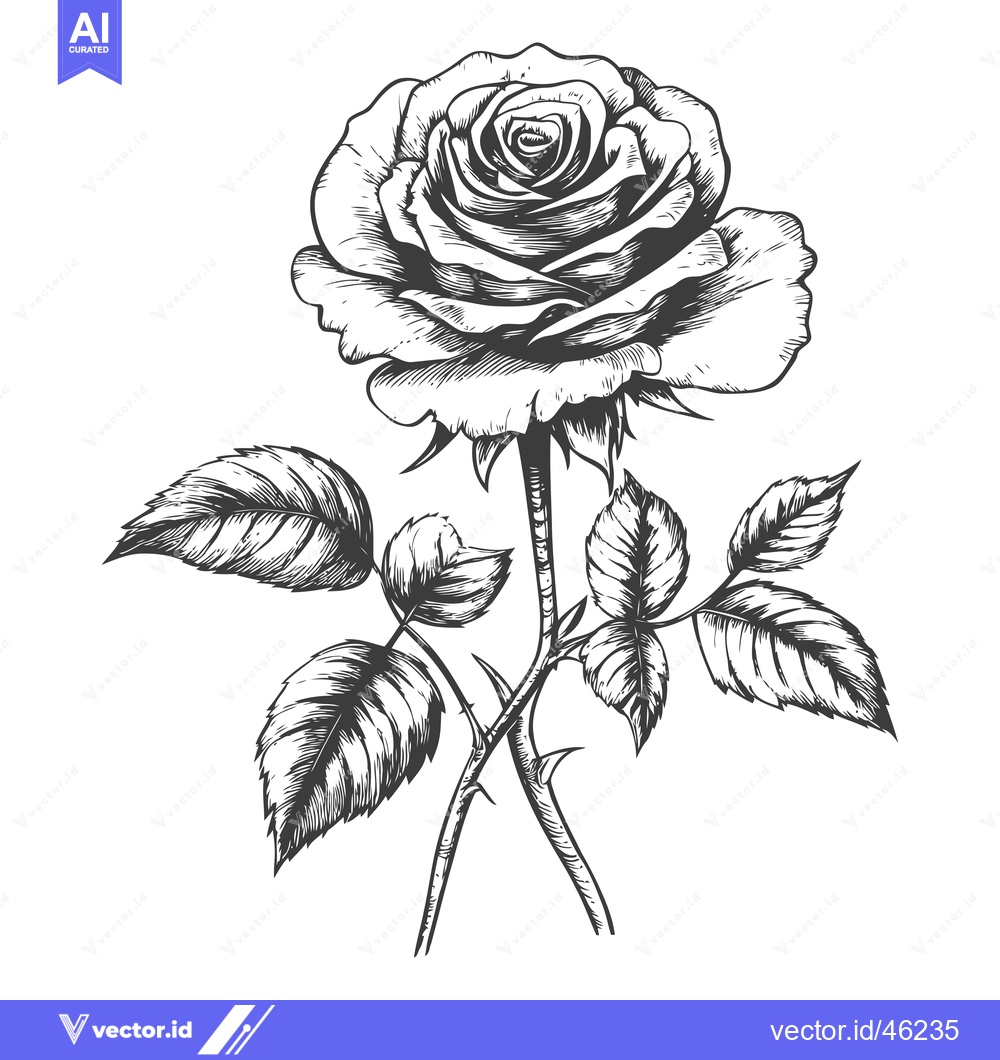 Premium Vector of Hand-Drawn Monochrome Illustration of a Single Rose with Thorns and Le