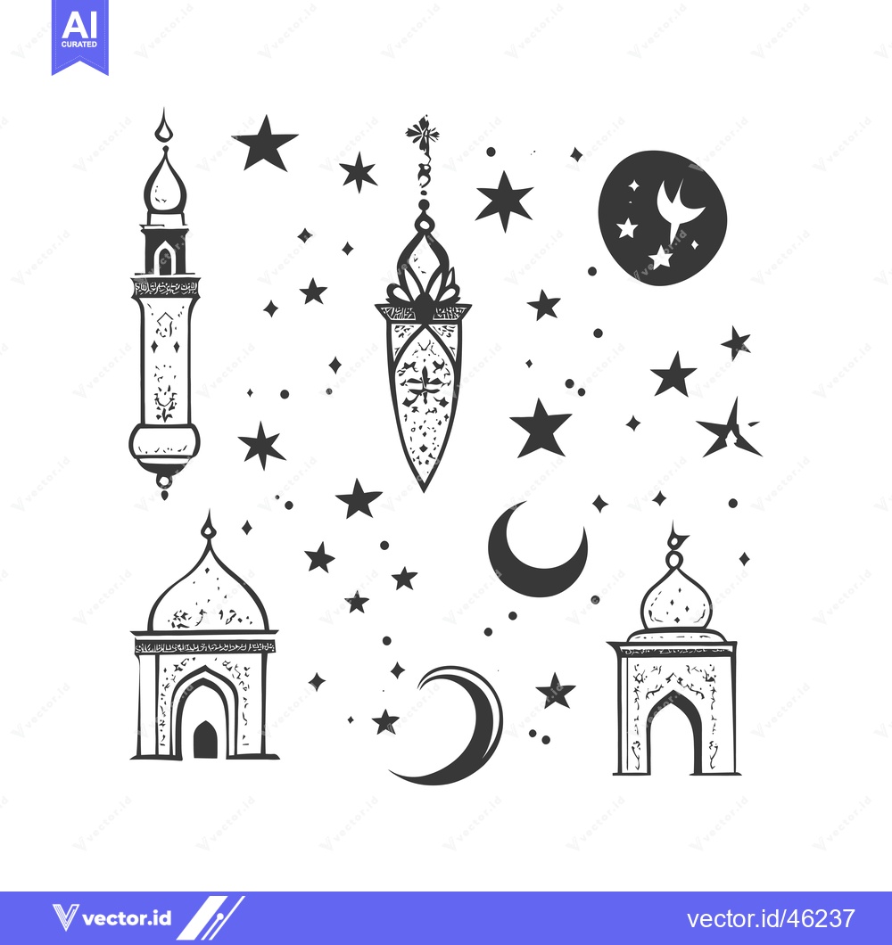 Premium Vector of Hand-drawn mosque silhouette with crescent moon and stars