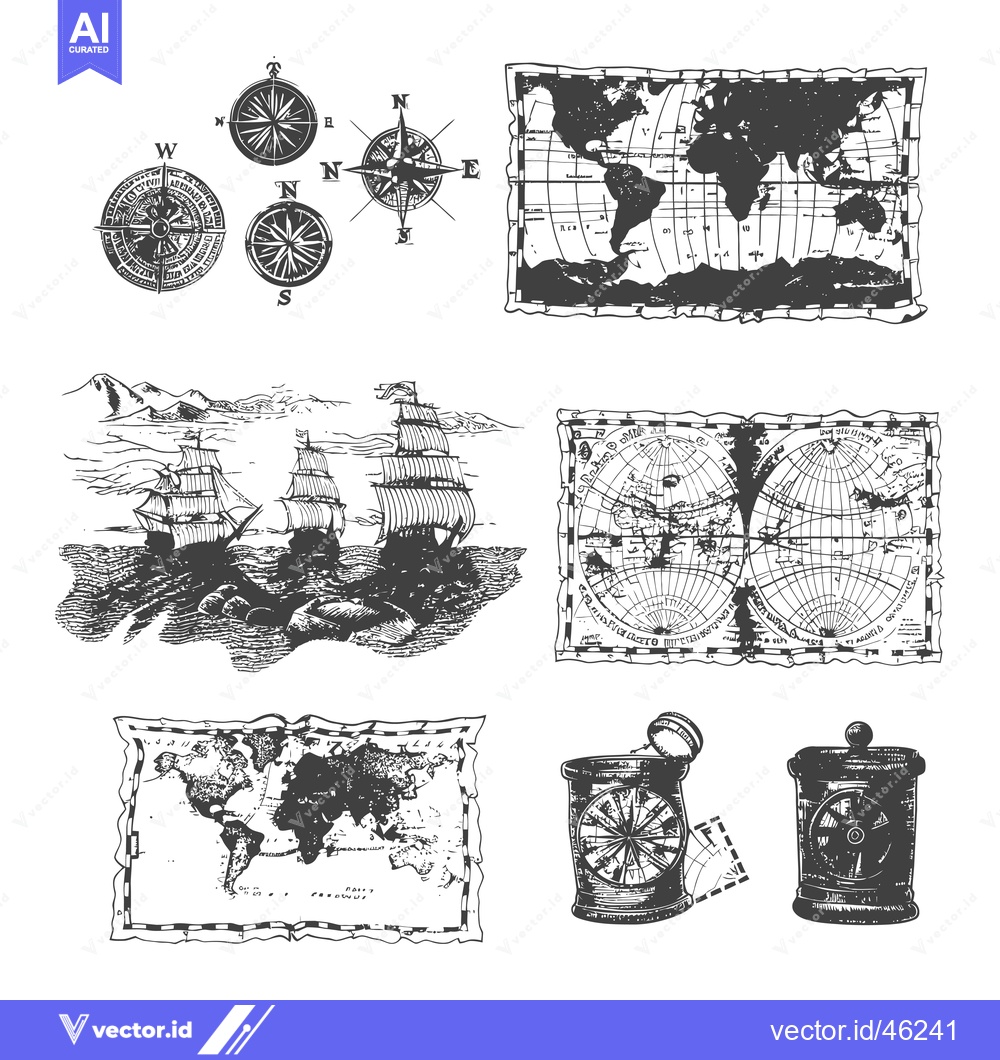 Premium Vector of Hand-drawn Nautical Illustrations Featuring Compasses, Maps, and Ships