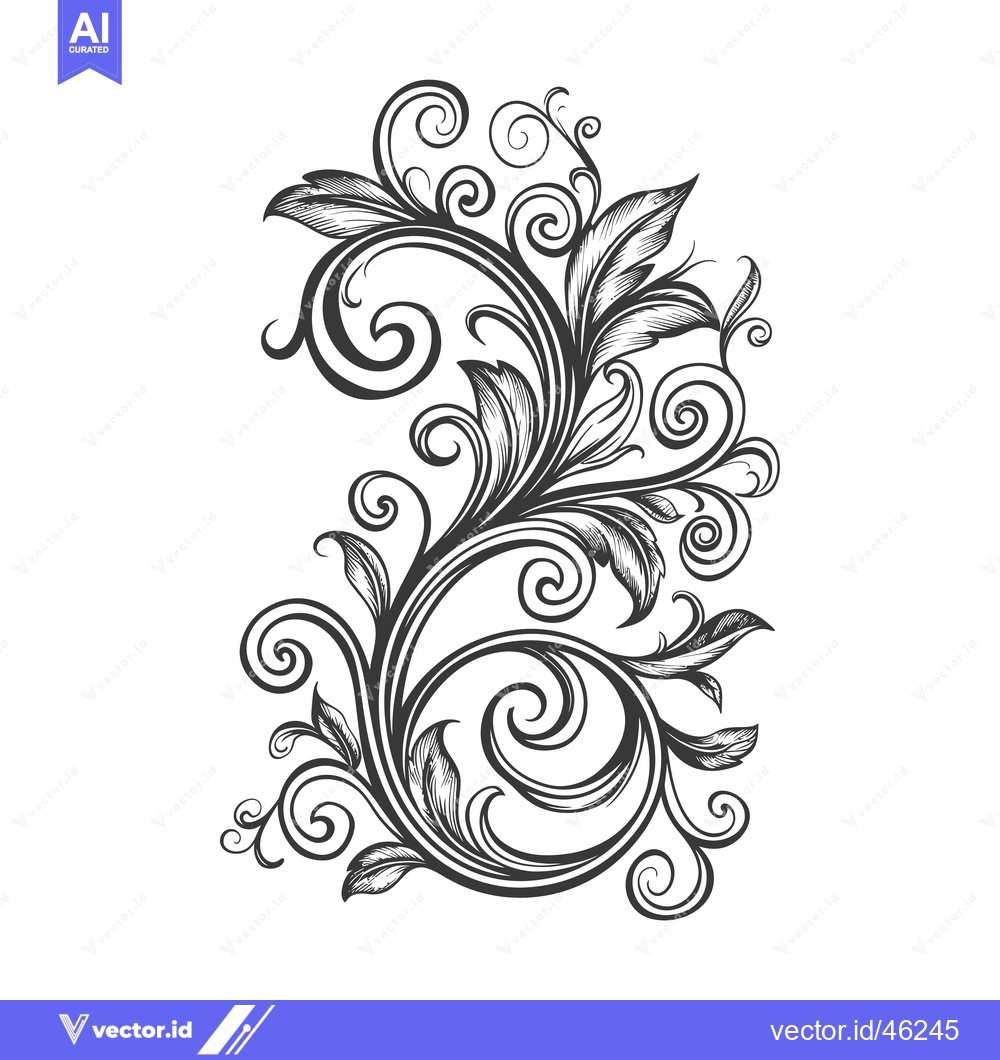 Premium Vector dari Hand-Drawn Ornate Floral Design with Swirling Vines and Detailed Leave