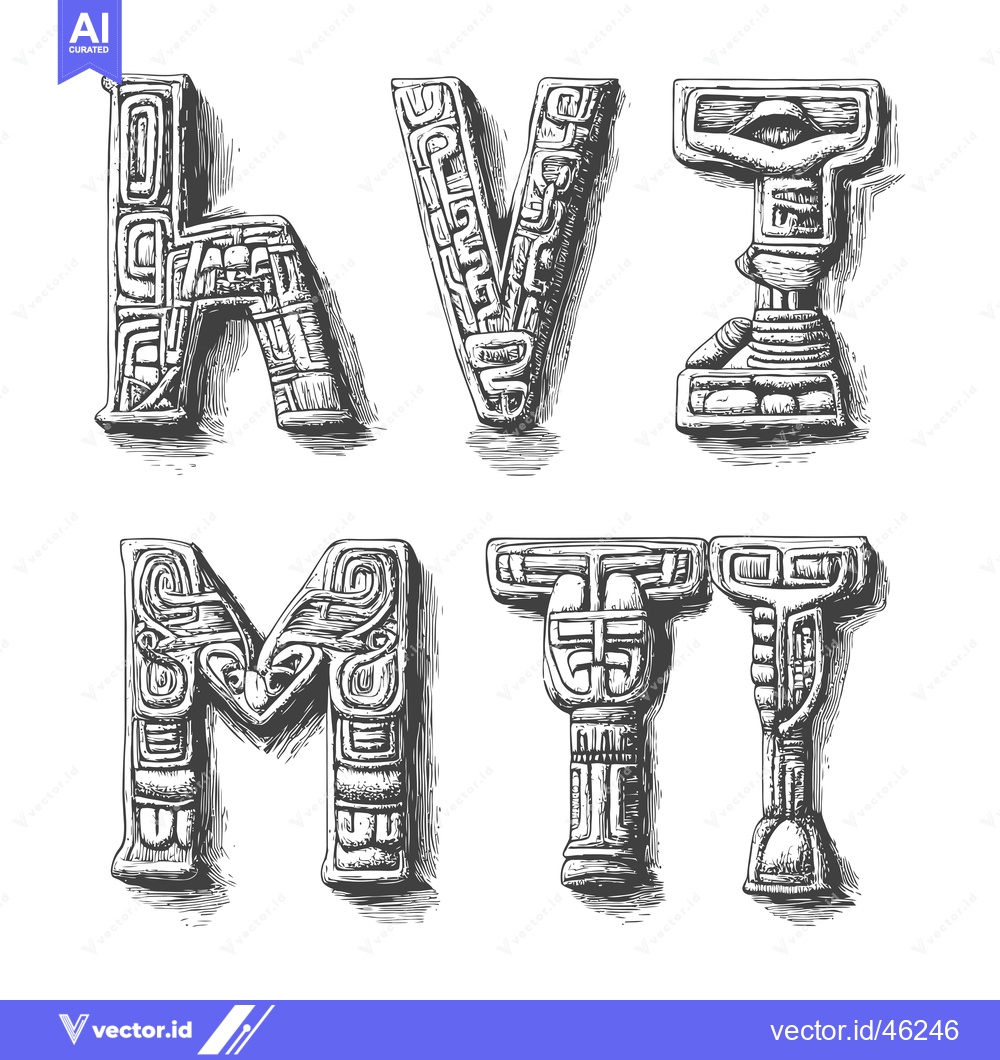 Premium Vector of Hand-Drawn Ornate Letters with Aztec-Style Decorations