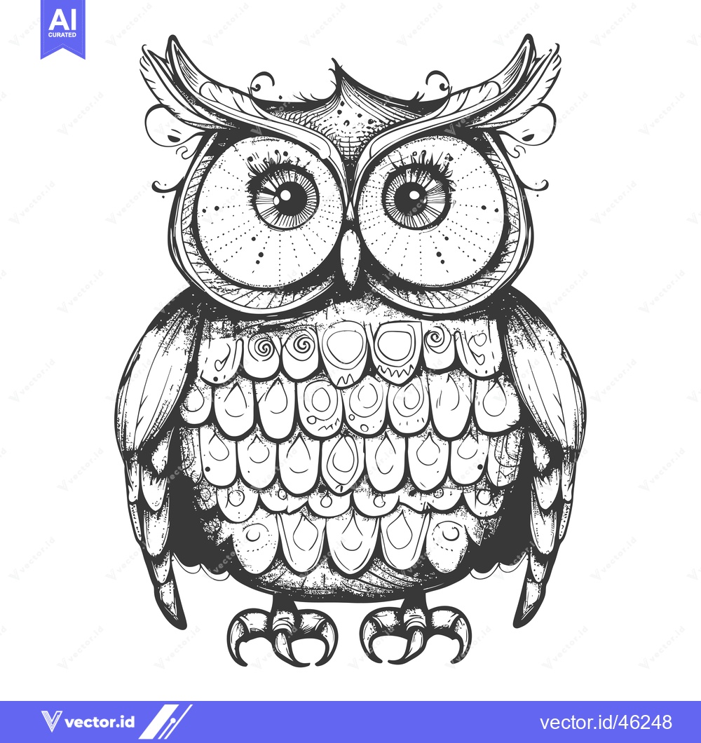 Premium Vector of Hand-Drawn Ornate Owl with Detailed Feathers and Large Eyes