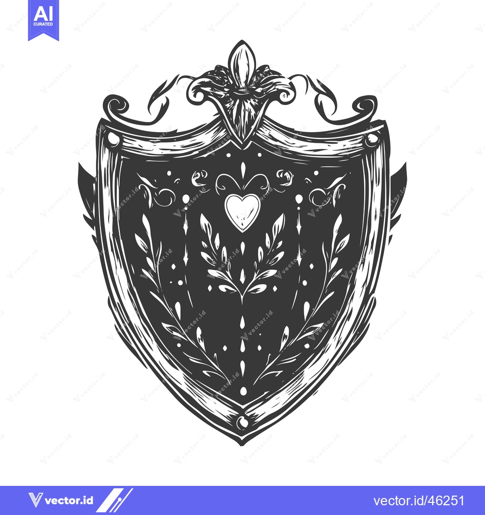 Premium Vector of Hand-drawn Ornate Shield with Floral Motifs and a Heart