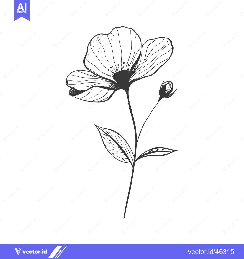 Premium Vector dari Hand-Drawn Outline of a Single Flower with a Bud and Leaves