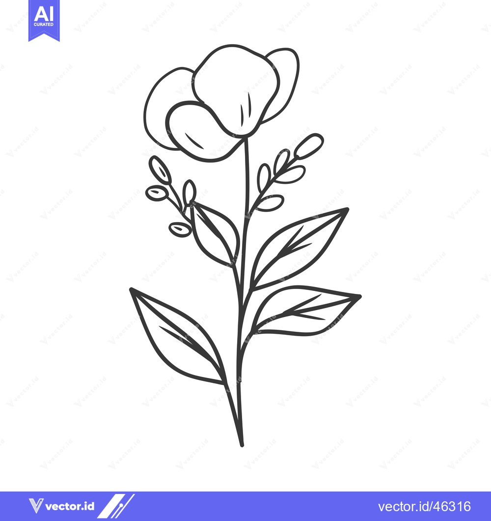 Premium Vector of Hand-Drawn Outline of a Single Flower with Leaves and Buds