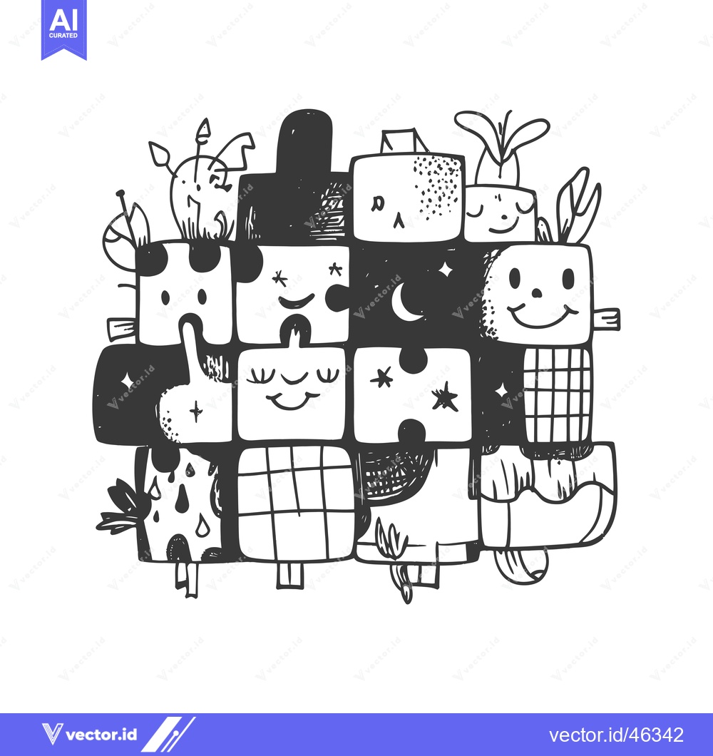 Premium Vector dari Hand-Drawn Puzzle Pieces with Quirky Faces and Patterns