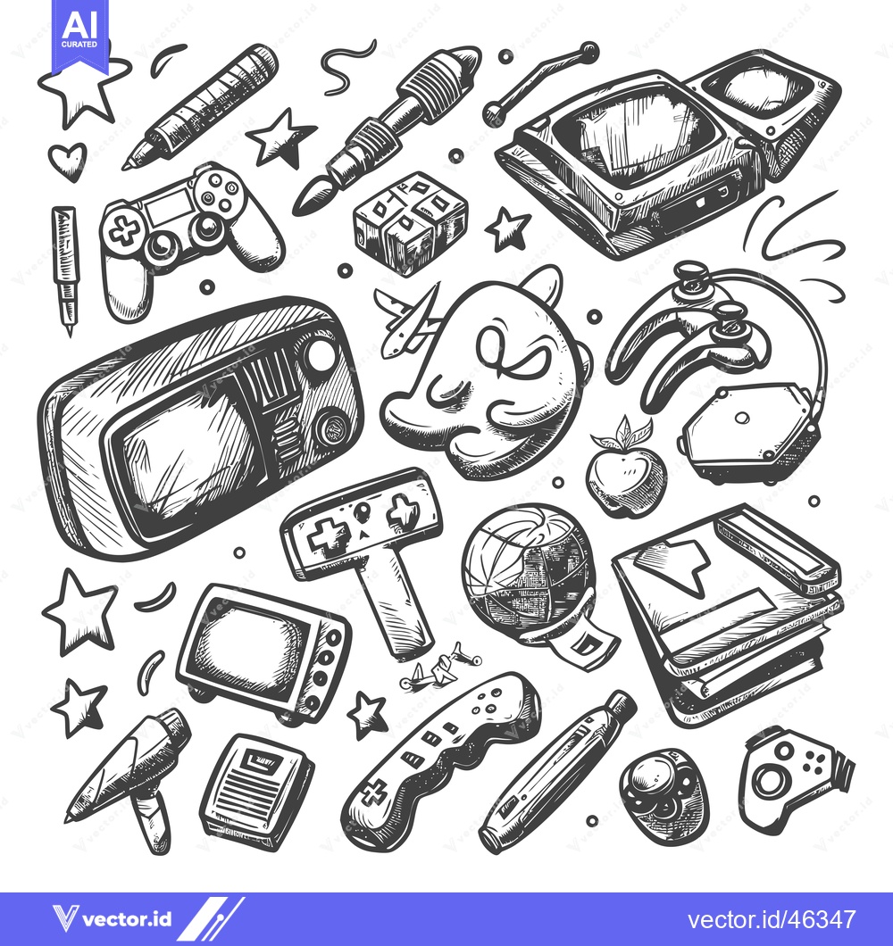 Premium Vector dari Hand-drawn Retro Game Console, Controllers and Other Items