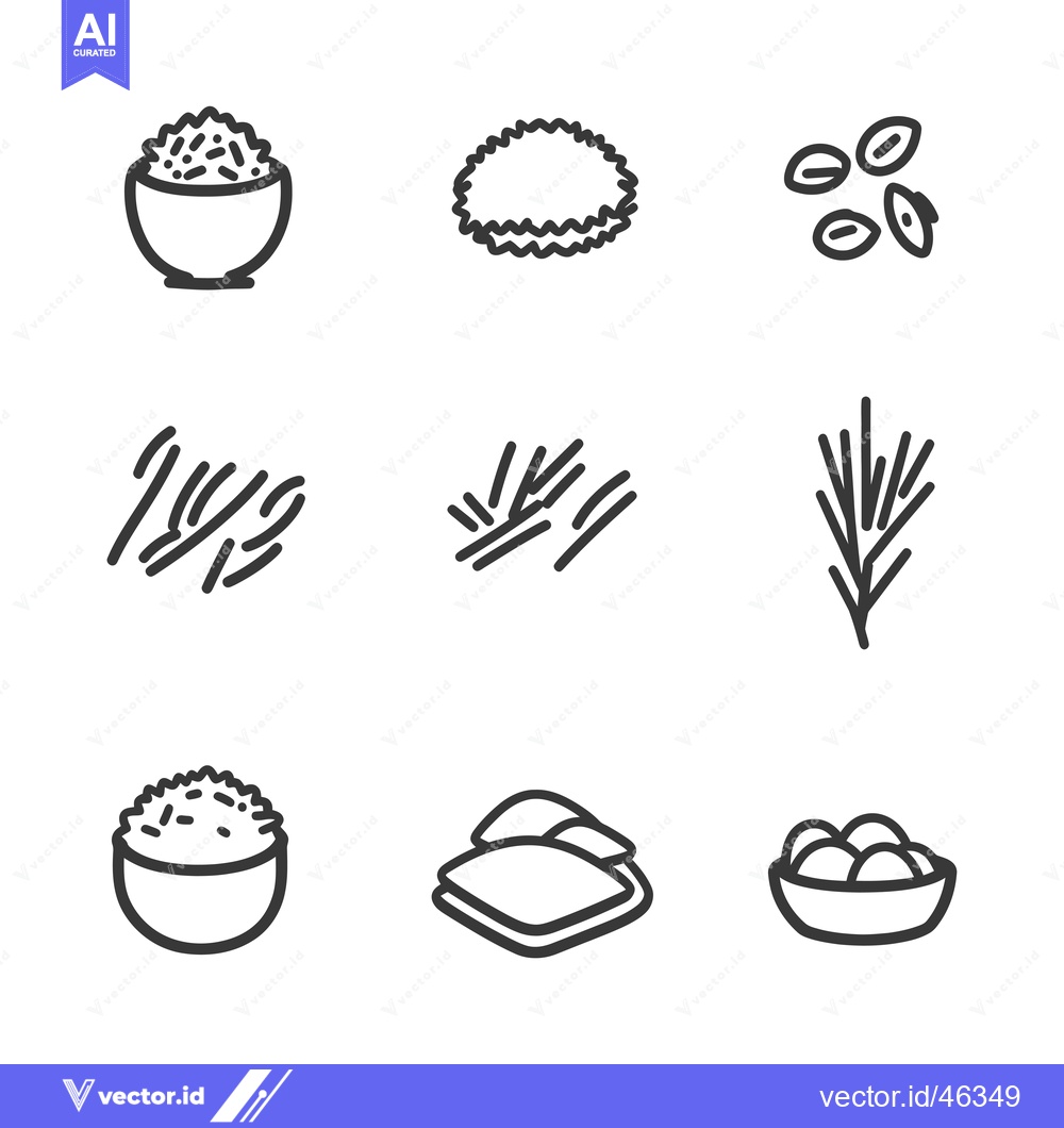 Premium Vector of Hand-drawn Rice Icon Set in a Bowl, on a Plate, and Loose Grains