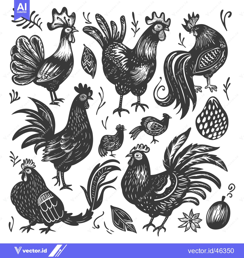 Premium Vector of Hand-drawn Rooster and Hen Illustration