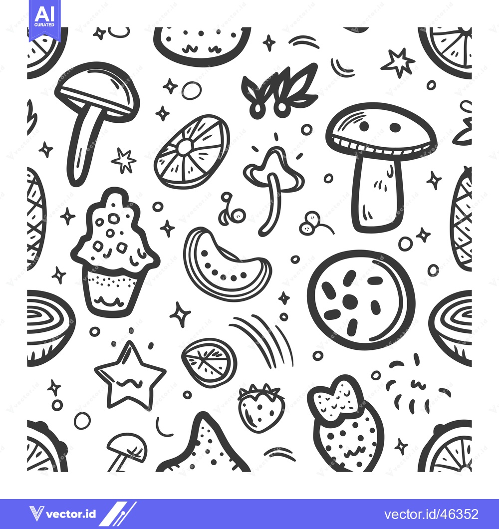 Premium Vector of Hand-Drawn Seamless Pattern with Mushrooms, Citrus Fruit, and Stars