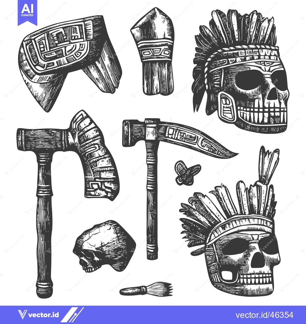 Premium Vector dari Hand Drawn Set of Aztec Warrior Artifacts and Skulls