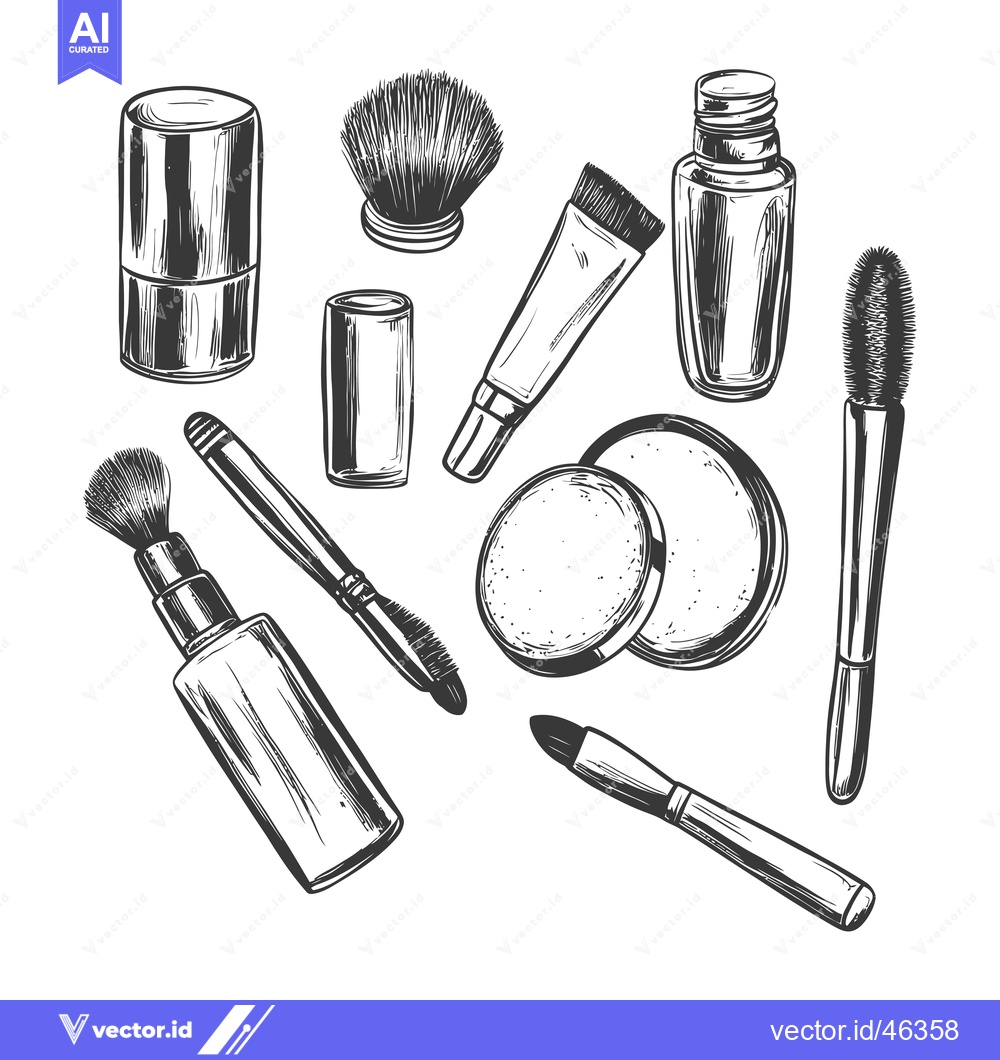 Premium Vector dari Hand-Drawn Set of Makeup Brushes, Containers, and Tubes