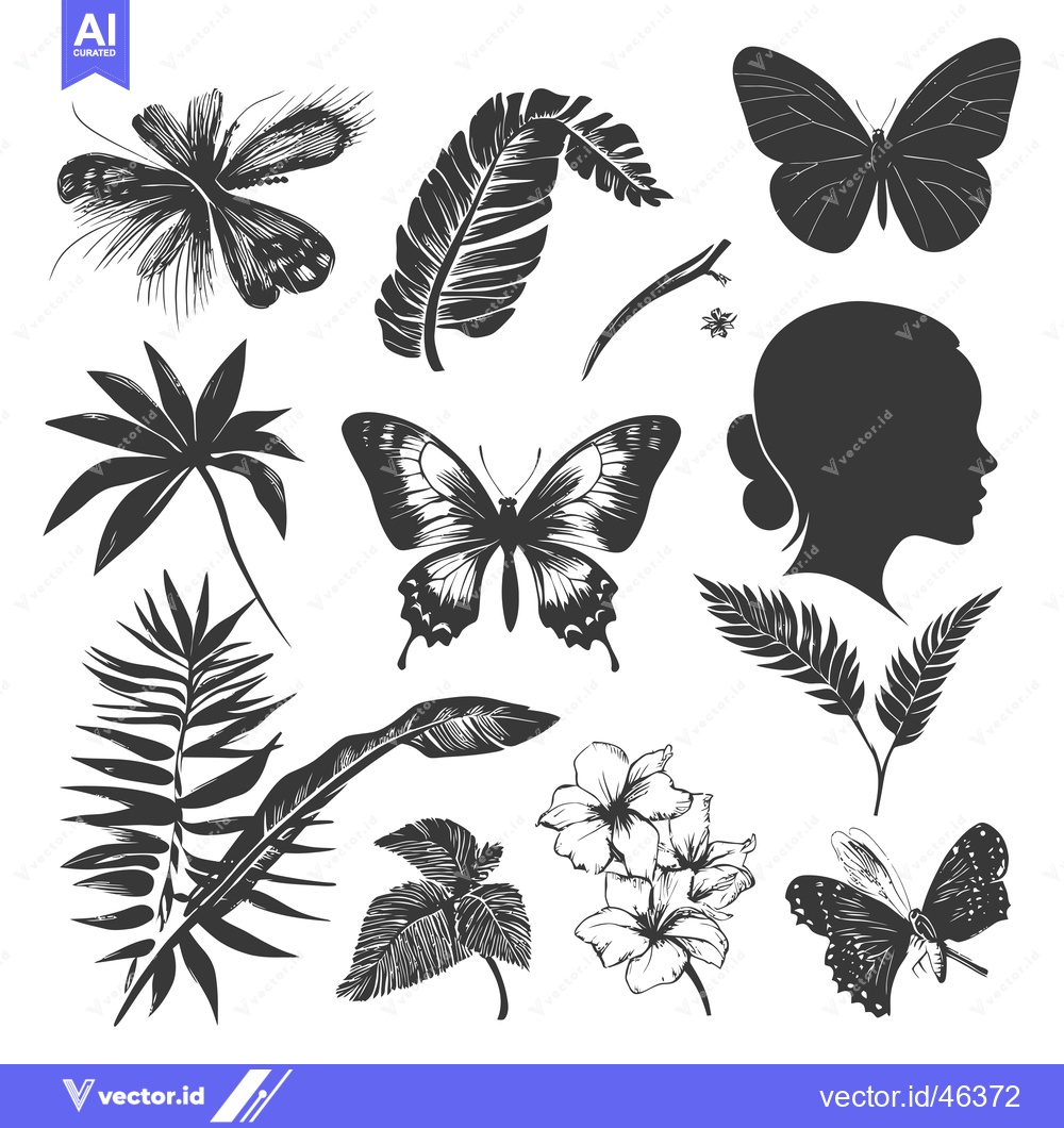 Premium Vector of Hand-Drawn Silhouettes of Butterflies, Leaves, and a Woman's Profile