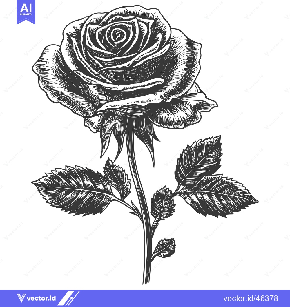 Premium Vector dari Hand-Drawn Single Rose with Detailed Petals and Leaves