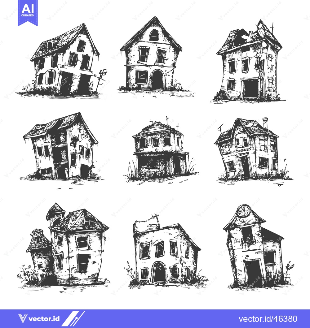 Premium Vector of Hand-drawn sketches of abandoned dilapidated houses
