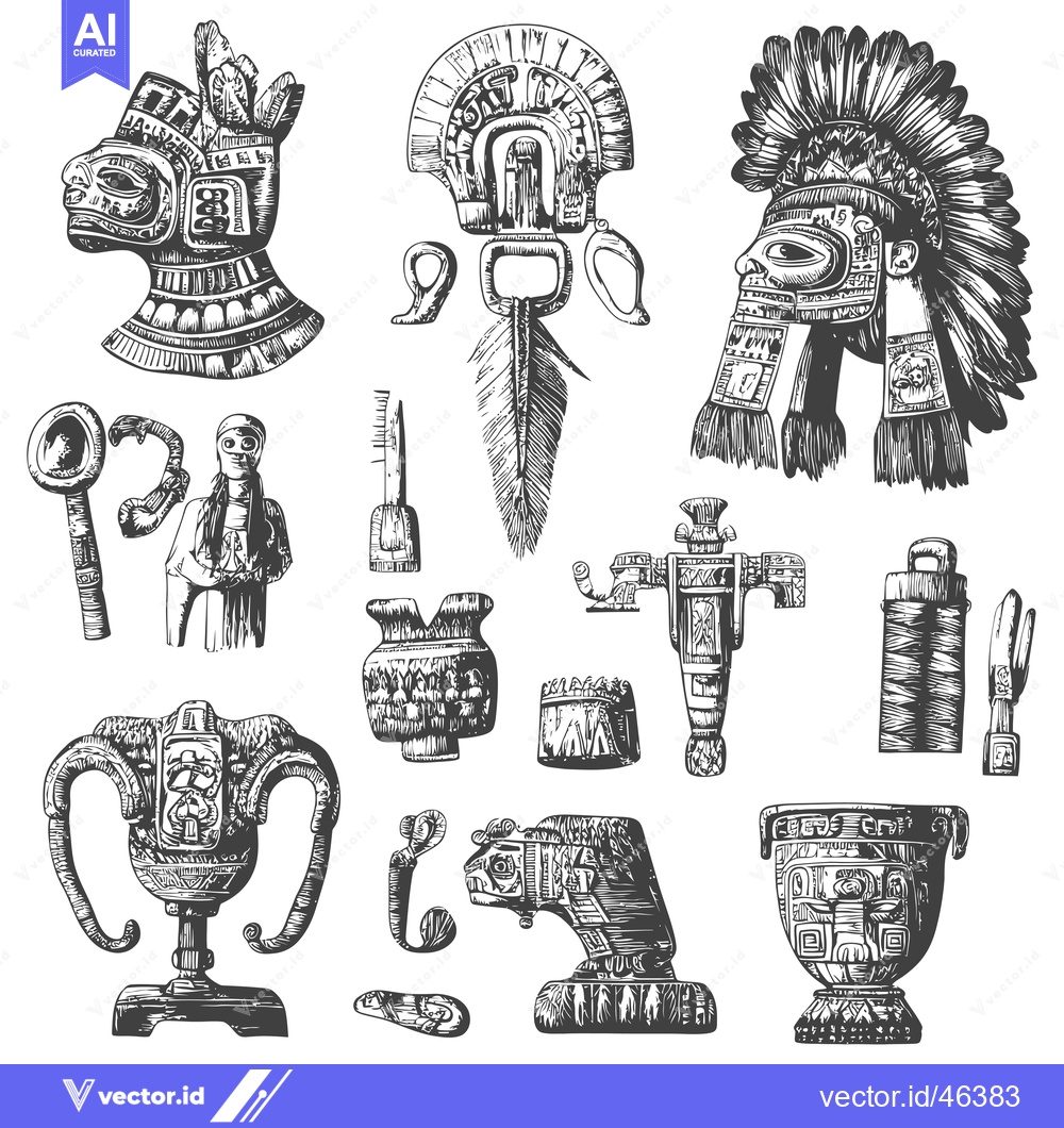 Premium Vector of Hand-drawn Sketches of Ancient Mayan Artifacts and Ornaments