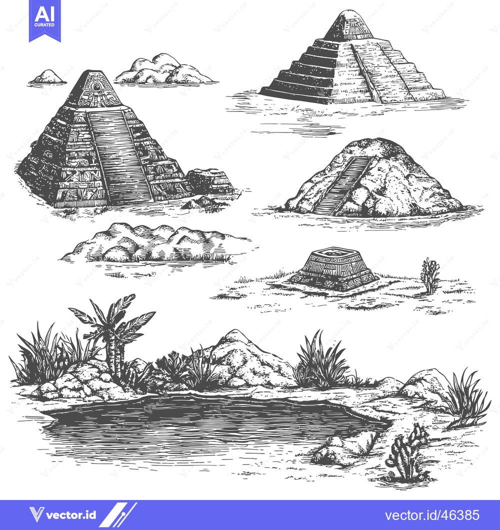 Premium Vector of Hand-drawn Sketches of Ancient Mayan Pyramids and Tropical Landscape
