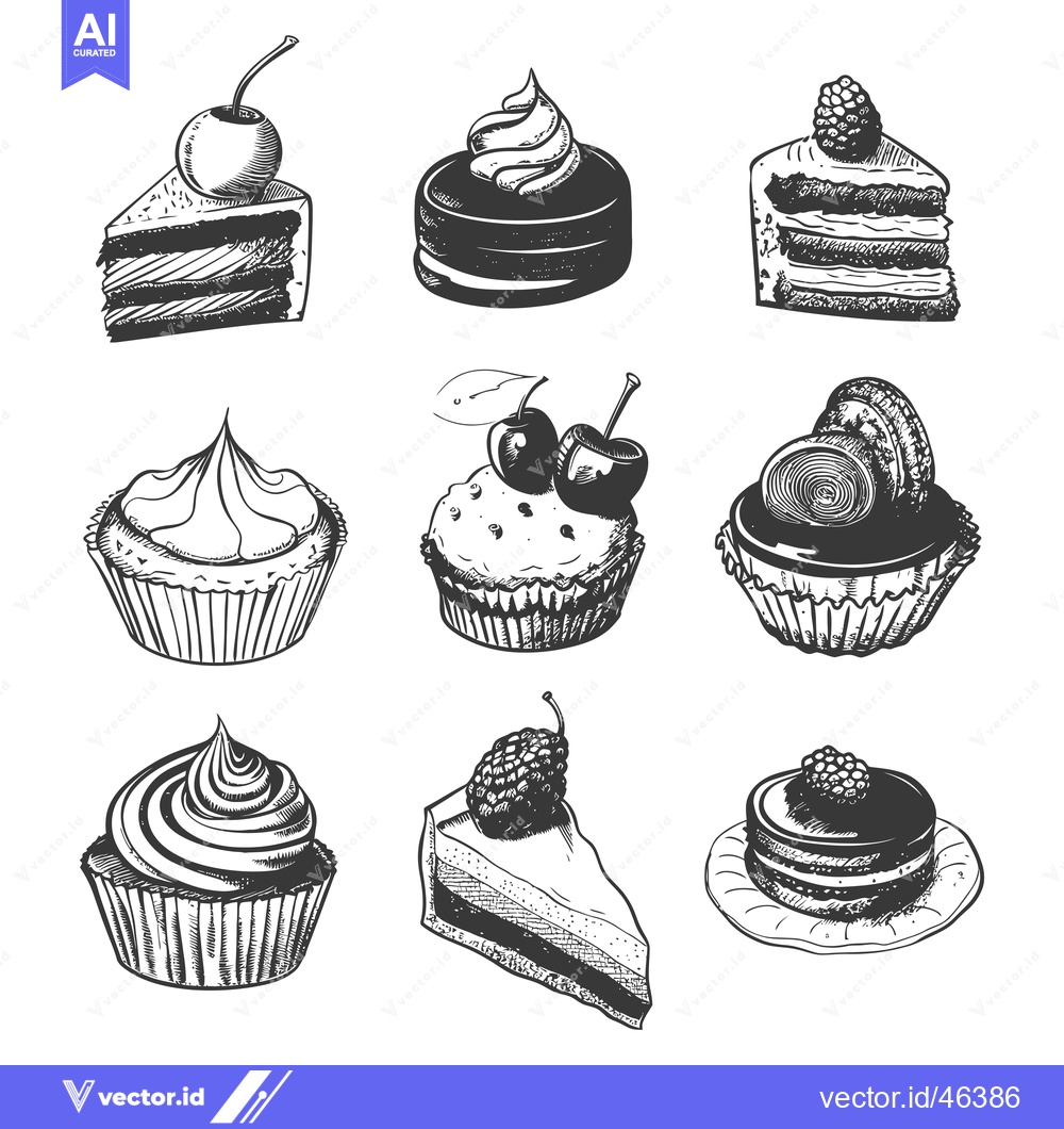 Premium Vector of Hand-drawn sketches of assorted sweet pastries with cherry, blackberry