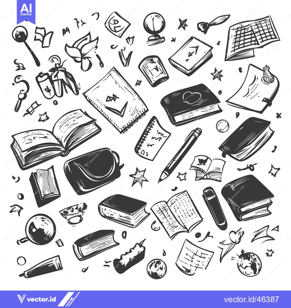 Premium Vector dari Hand-drawn Sketches of Books, Stationery, and Stars