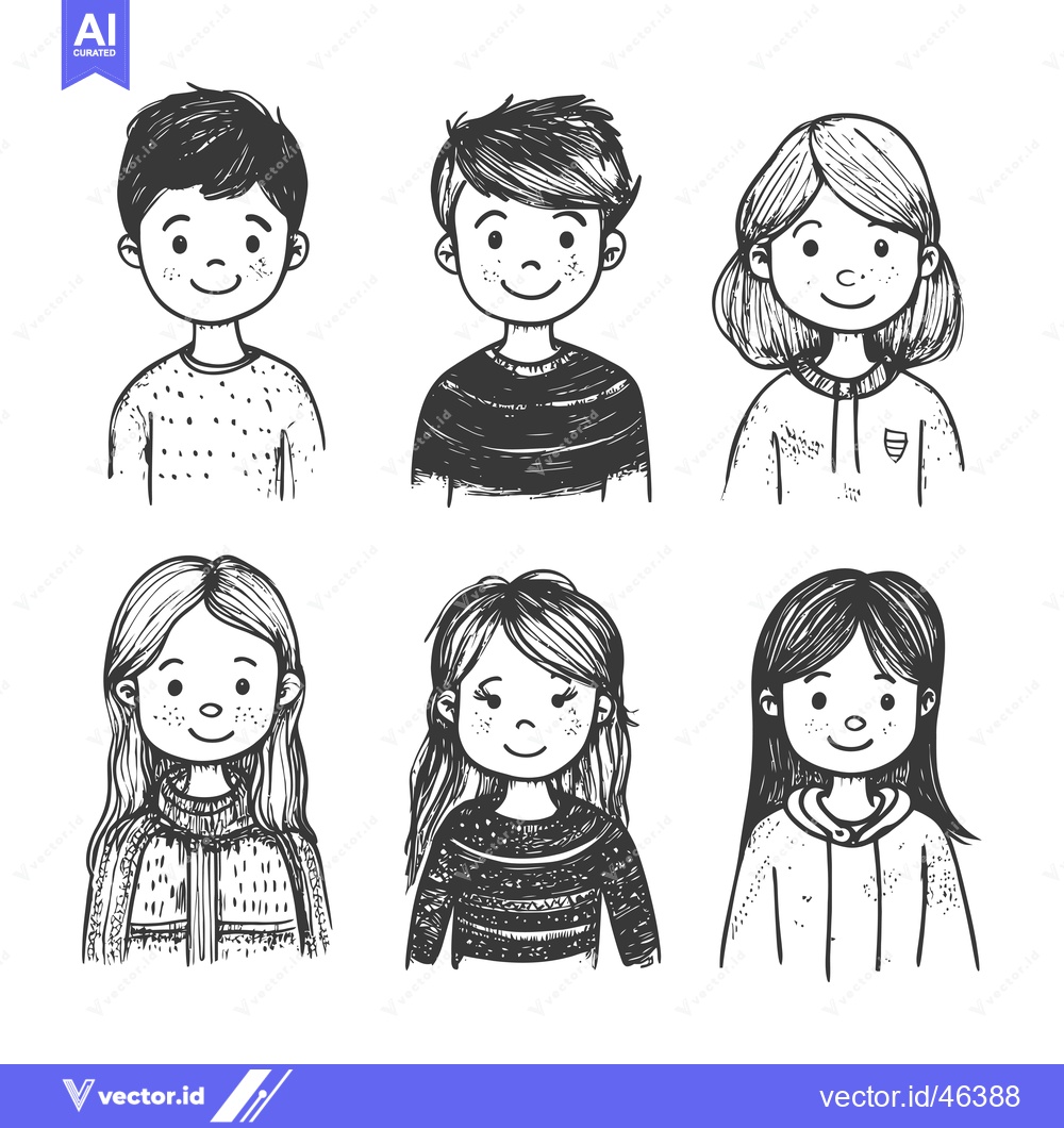 Premium Vector of Hand-Drawn Sketches of Children with Smiling Faces and Clothing
