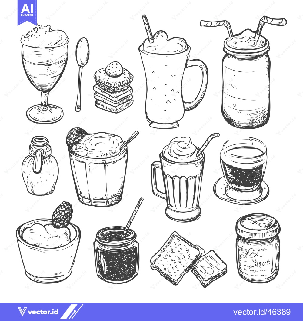 Premium Vector dari Hand Drawn Sketches of Coffee, Smoothies, and Desserts