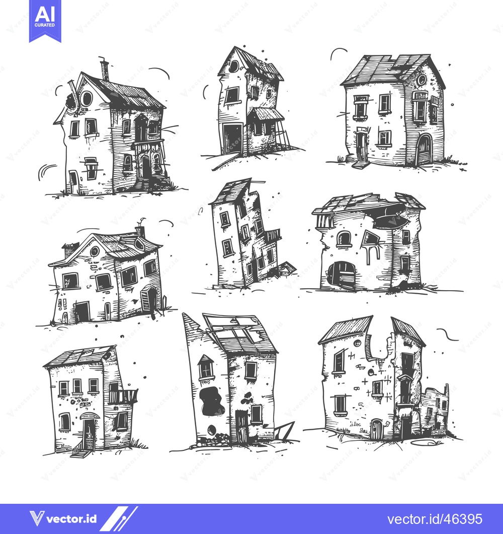 Premium Vector dari Hand-drawn sketches of dilapidated buildings with missing roofs and wa