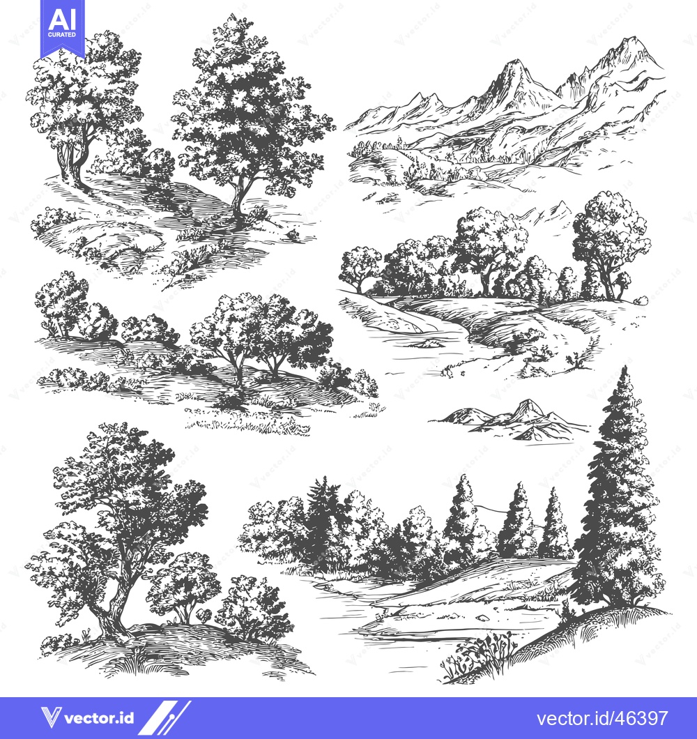 Premium Vector of Hand-drawn Sketches of Diverse Trees and Mountainous Landscapes