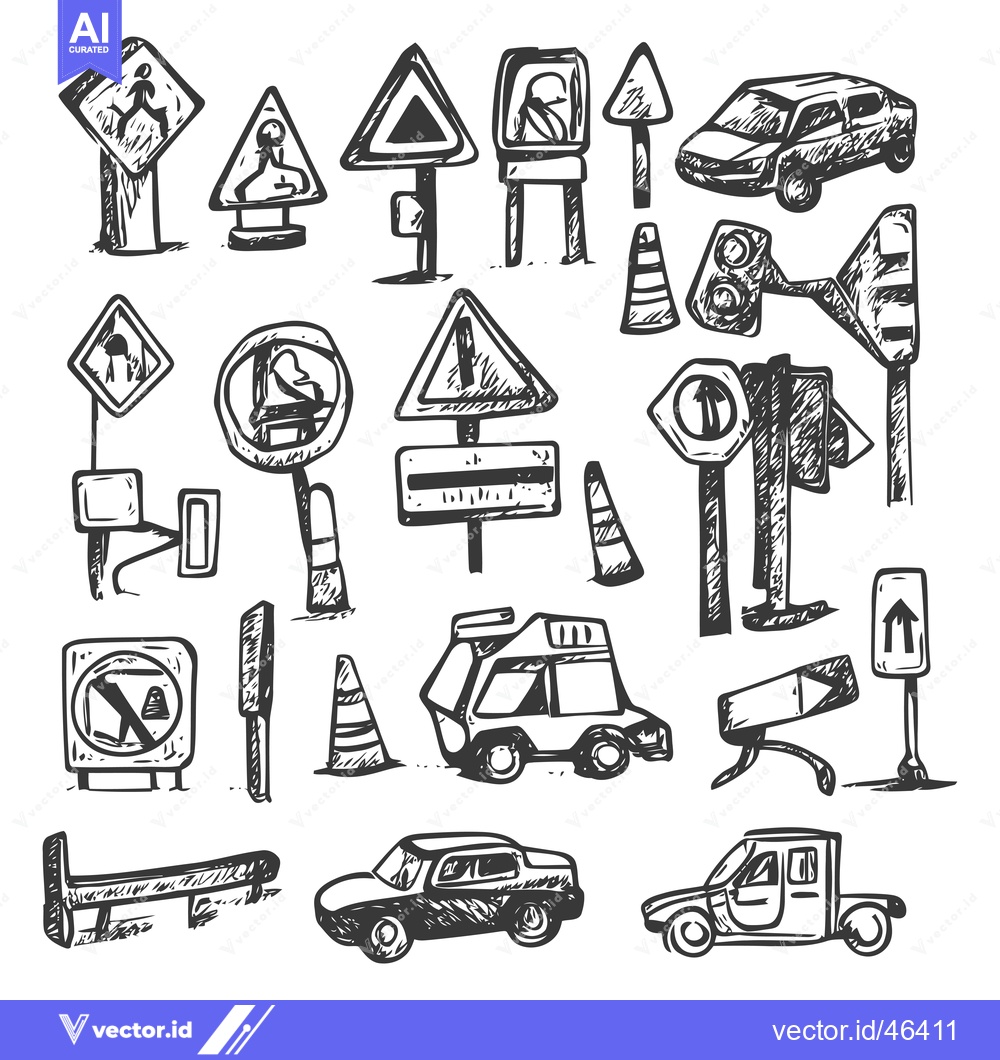 Premium Vector dari Hand-drawn sketches of road signs, traffic lights, cars and cones