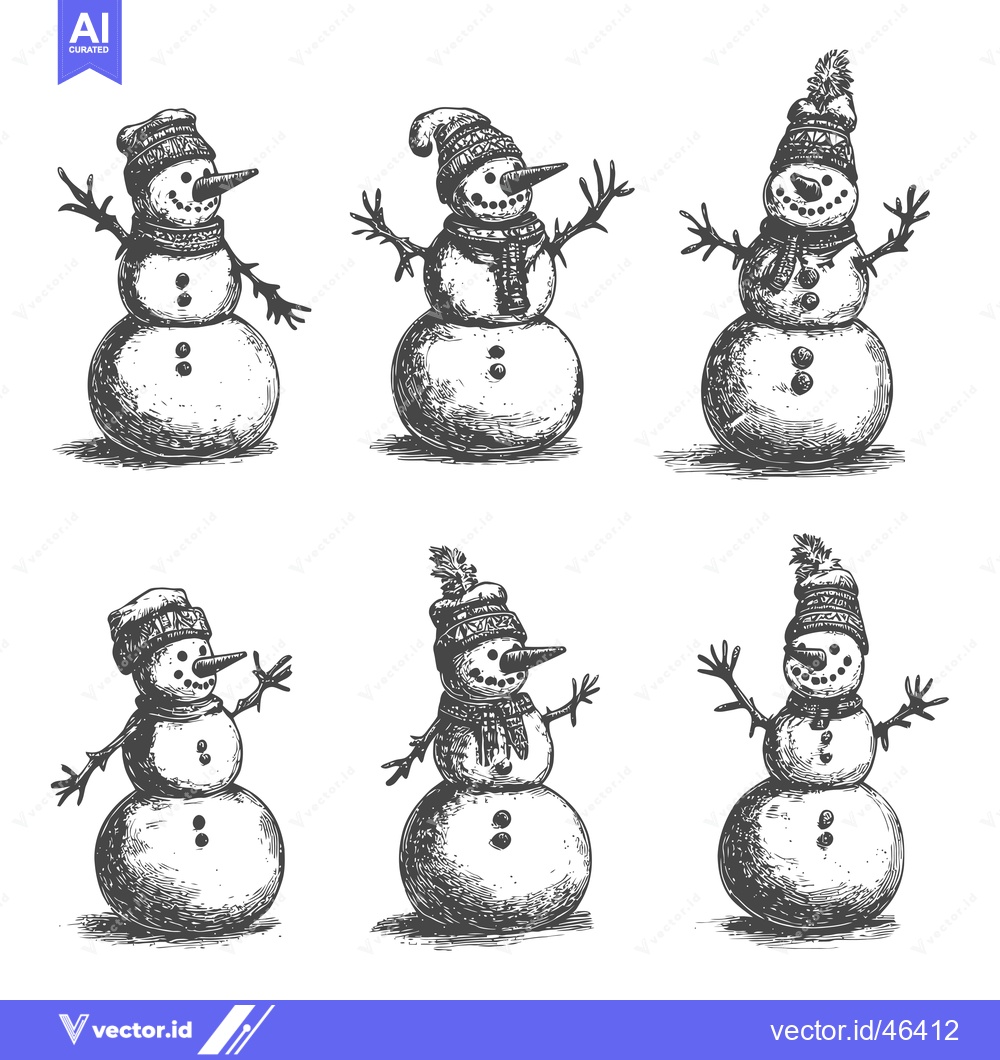 Premium Vector of Hand-Drawn Sketches of Six Cheerful Snowmen in Winter Hats and Scarves