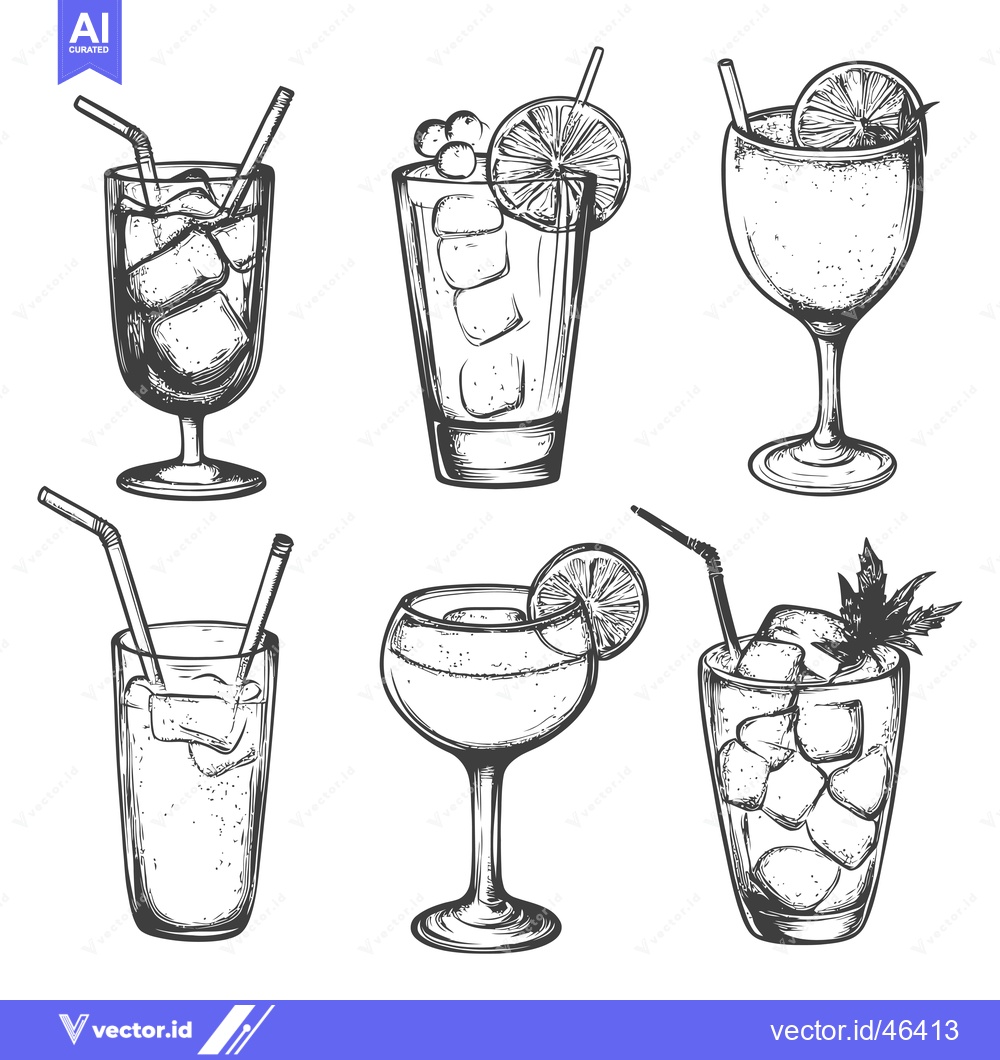 Premium Vector dari Hand-drawn Sketches of Six Different Cocktails with Ice and Garnishes