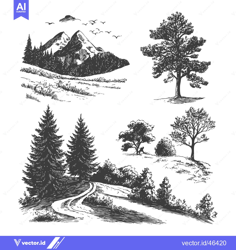 Premium Vector of Hand-Drawn Sketches of Trees, Mountains, and a Winding Road
