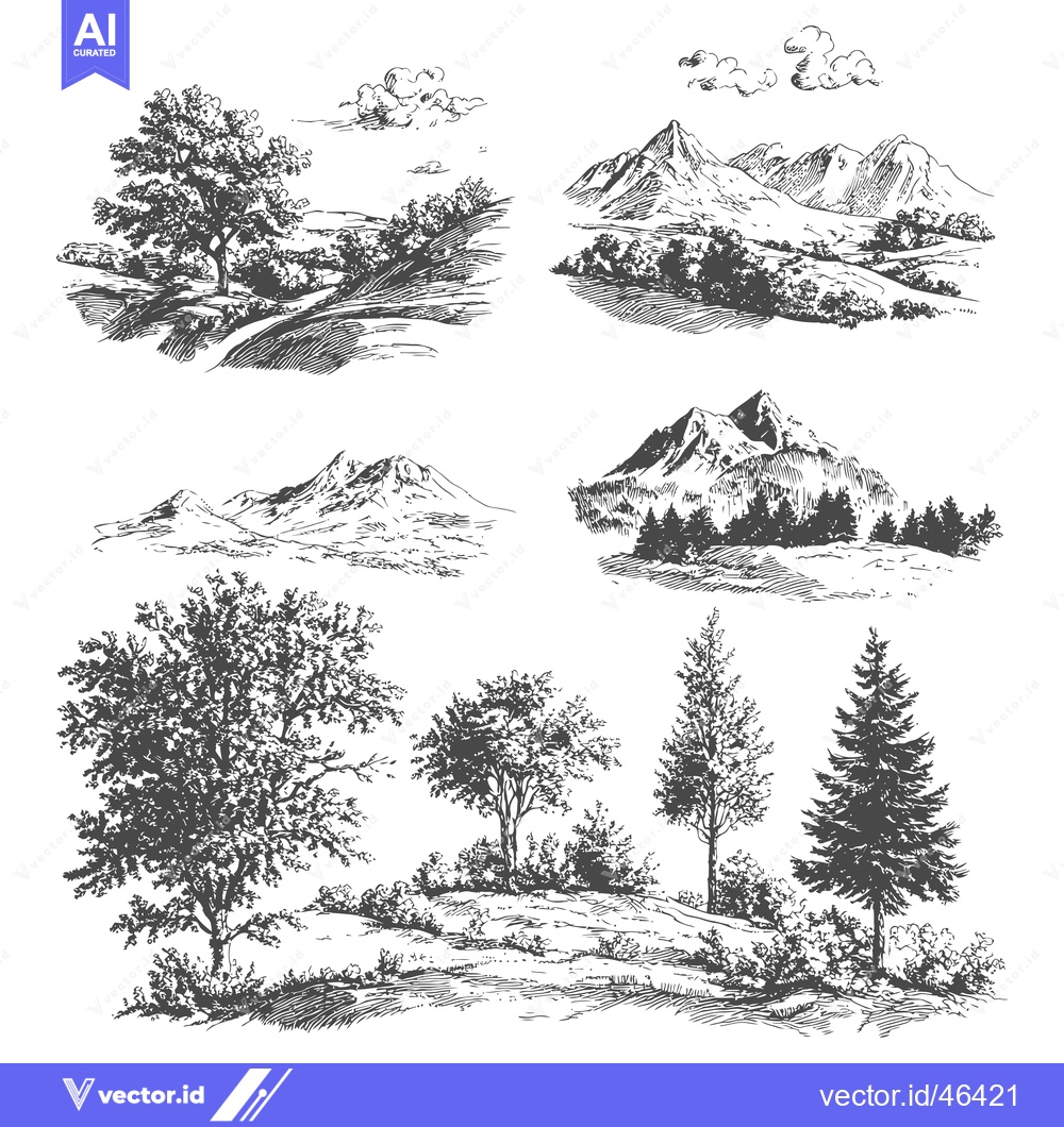 Premium Vector dari Hand-Drawn Sketches of Trees, Mountains, and Landscapes