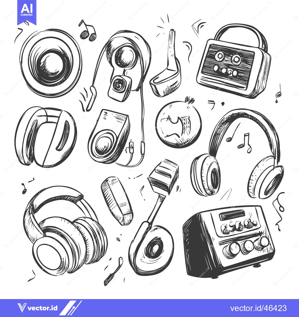 Premium Vector dari Hand-Drawn Sketches of Various Audio Devices and Music Notes