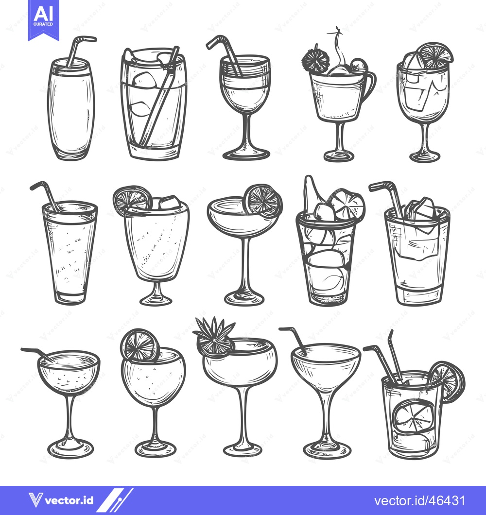 Premium Vector of Hand-drawn Sketches of Various Cocktail Glasses and Drinks