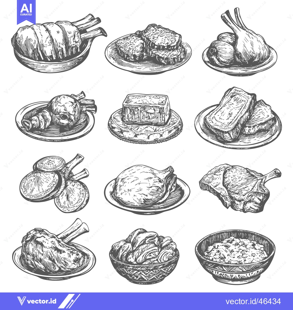 Premium Vector dari Hand-Drawn Sketches of Various Cuts of Meat on Plates and Bowls