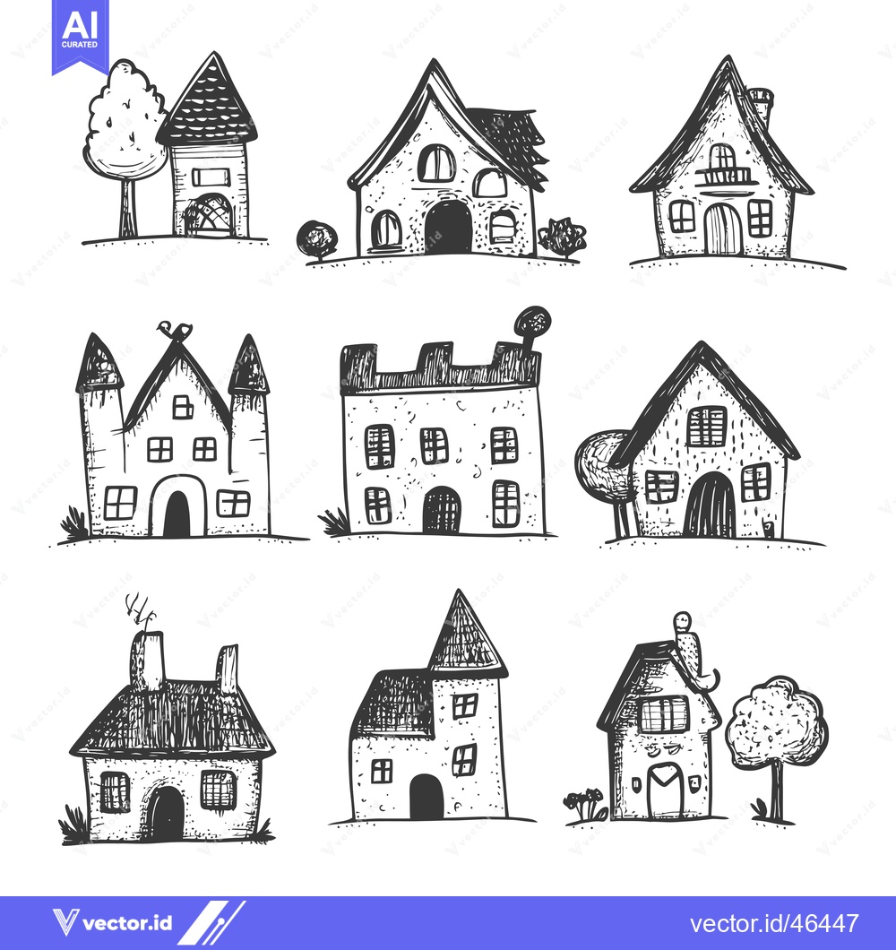 Premium Vector of Hand-Drawn Sketches of Various Houses with Trees