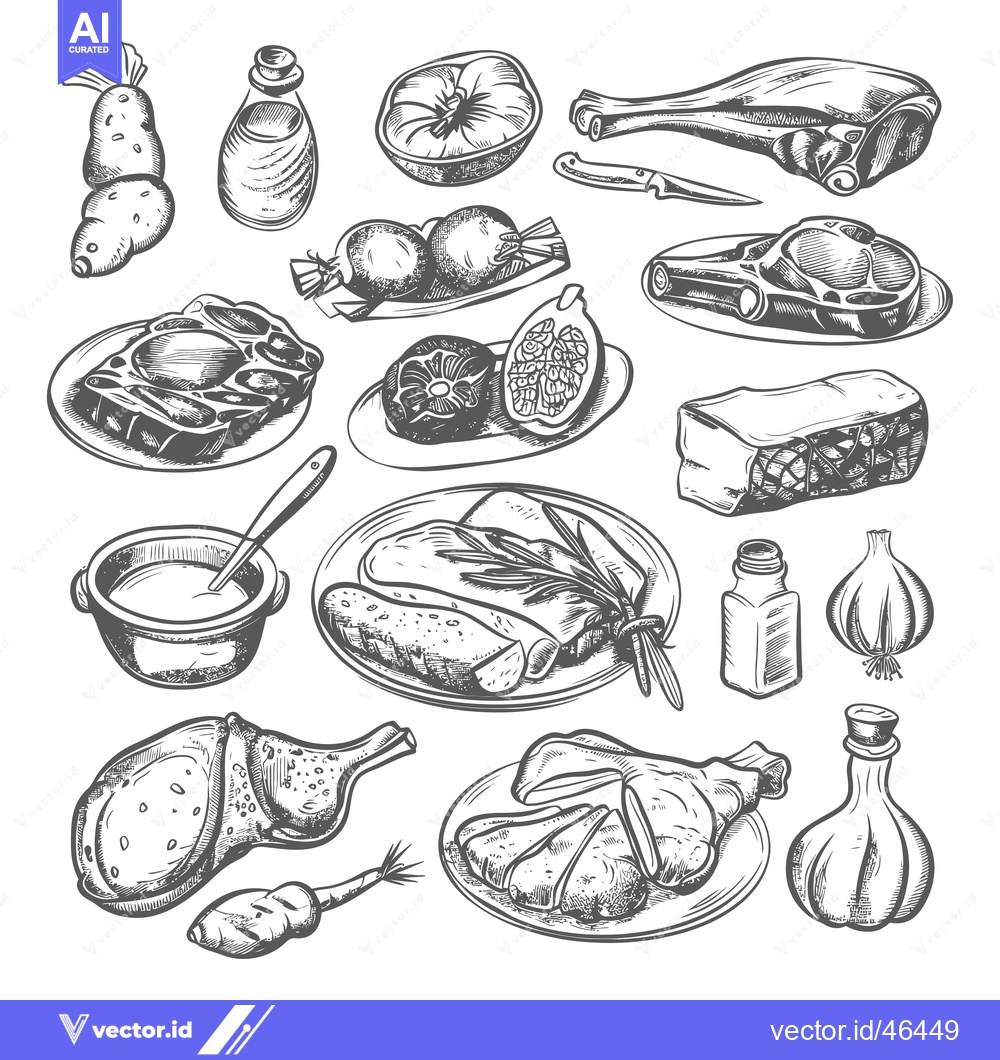 Premium Vector dari Hand-Drawn Sketches of Various Meats and Ingredients for Cooking