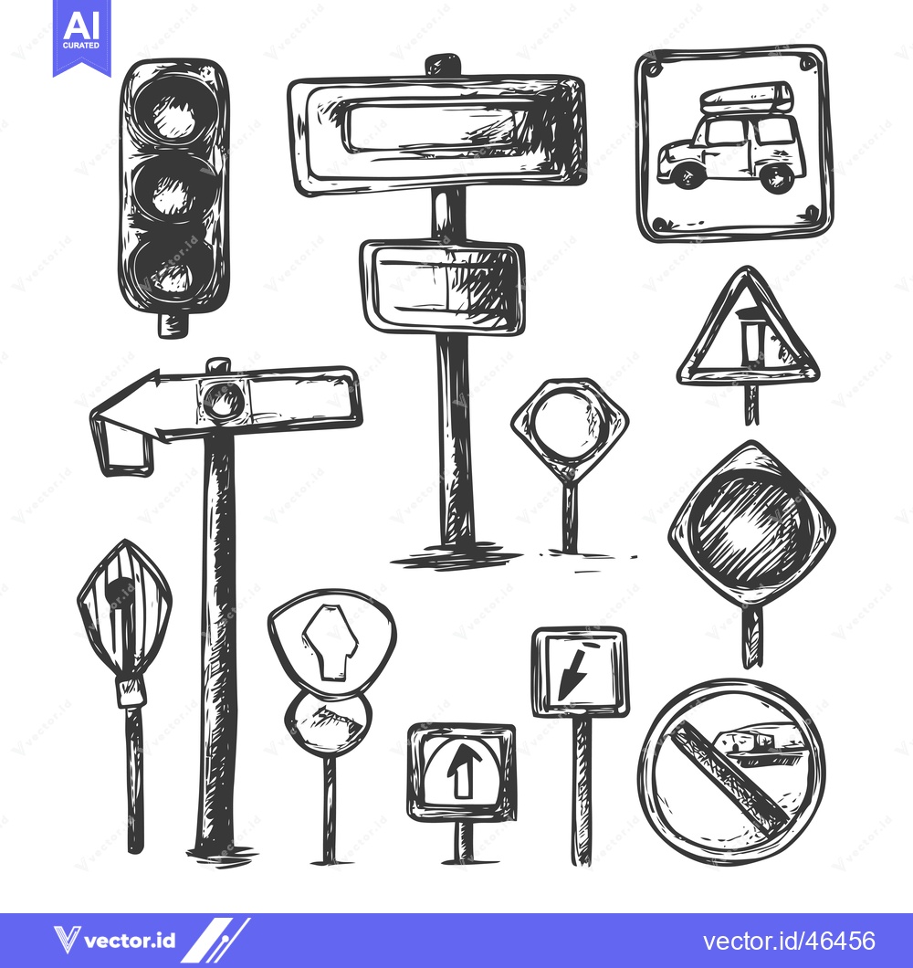Premium Vector dari Hand-Drawn Sketches of Various Road Signs and a Traffic Light