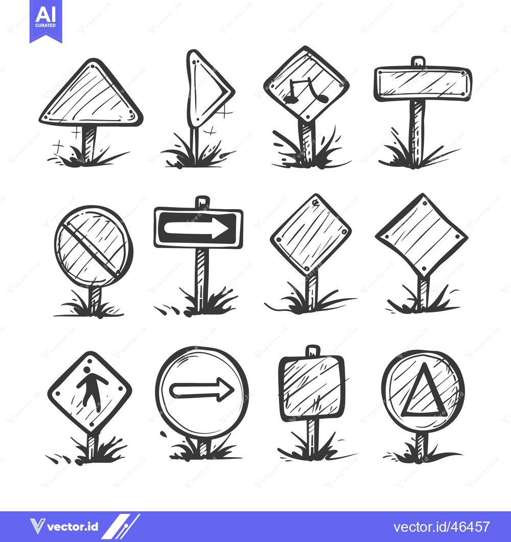 Premium Vector of Hand-drawn Sketches of Various Road Signs with Posts and Grass